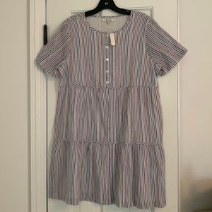 NWT Madewell Striped Crewneck Button-front Tiered Mini Dress